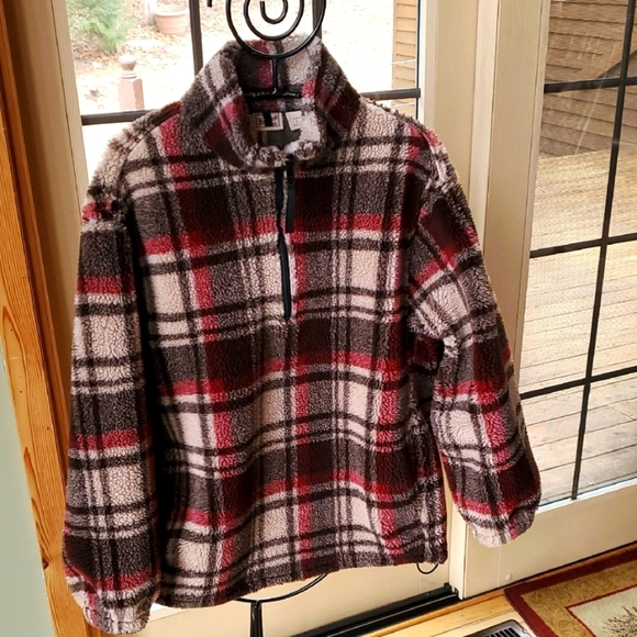 Woolrich Brown Plaid Heavy Fleece 1/4 Zip Pullover Sz. XL Jacket w Pockets - Picture 1 of 12